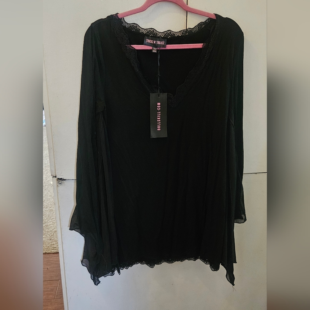 Dolls Kill - Trickz And Treatz Black Lace-Trim V-Neck Dress With Web Sleeves